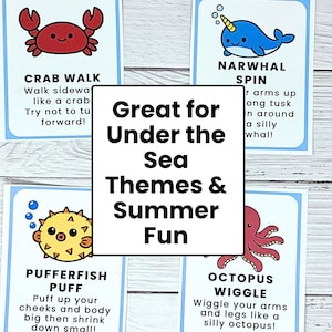 May include: Four illustrated cards with sea creatures: a red crab, a blue narwhal, a yellow pufferfish, and a red octopus. Text on the cards includes "Crab Walk," "Narwhal Spin," "Pufferfish Puff," and "Octopus Wiggle." The center text reads "Great for Under the Sea Themes & Summer Fun."