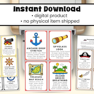 Op de afbeelding: Een set printbare bewegingskaarten met piratenthema. Elke kaart bevat een kleurrijke illustratie en instructies voor een specifieke oefening, zoals "Parrot Perch" of "Anchor Drop Stretch". De kaarten zijn ontworpen voor kinderen en zijn direct te downloaden.