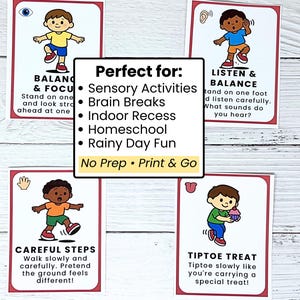 Puede incluir: Cuatro tarjetas de actividades ilustradas con bordes rojos, que muestran a ni&ntilde;os realizando acciones. Las tarjetas incluyen instrucciones para actividades como equilibrarse y escuchar. Los textos dicen "Balance & Focus", "Listen & Balance", "Careful Steps" y "Tiptoe Treat".
