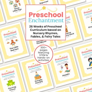 May include: A collection of educational curriculum cards titled Preschool Enchantment, featuring 26 weeks of lessons based on nursery rhymes, fables, and fairy tales. Each card includes illustrations of characters like The Little Red Hen and Humpty Dumpty.
