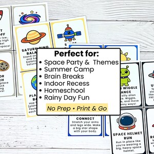 May include: A collection of colorful space-themed activity cards. Each card features a different space-related activity with illustrations and instructions. The cards are designed for space parties, summer camps, and indoor activities. The text on the cards includes "Rocket Blast Off" and "UFO Spin".