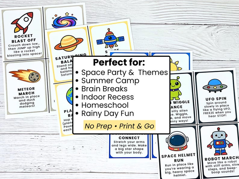 May include: A collection of colorful space-themed activity cards. Each card features a different space-related activity with illustrations and instructions. The cards are designed for space parties, summer camps, and indoor activities. The text on the cards includes "Rocket Blast Off" and "UFO Spin".
