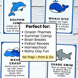 May include: Four blue and white cards with ocean-themed illustrations and instructions for physical activities. The cards feature a dolphin, whale, waves, and a shark. Text on the cards includes "Dolphin Jump," "Whale Dive," "Wave Crash," and "Shark Swim."