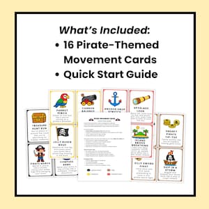 Op de afbeelding: Een set van 16 piratenthema bewegingskaarten en een snelstartgids. De kaarten bevatten kleurrijke illustraties en tekst, waaronder een papegaai, kanon, anker, verrekijker, schatkist en piratenschip. De tekst luidt "What's Included: 16 Pirate-Themed Movement Cards Quick Start Guide."