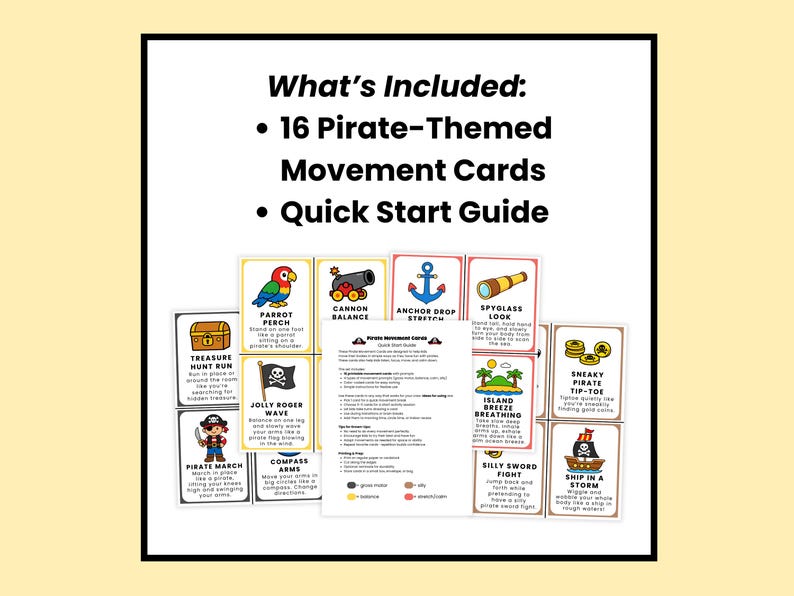 Op de afbeelding: Een set van 16 piratenthema bewegingskaarten en een snelstartgids. De kaarten bevatten kleurrijke illustraties en tekst, waaronder een papegaai, kanon, anker, verrekijker, schatkist en piratenschip. De tekst luidt "What's Included: 16 Pirate-Themed Movement Cards Quick Start Guide."