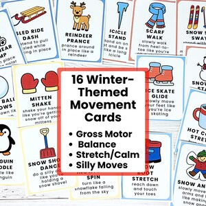 Puede incluir: Un conjunto de 16 tarjetas de movimiento con tem&aacute;tica invernal. Cada tarjeta presenta una actividad relacionada con el invierno, como "Polar Bear Stomp" y "Snow Angels", con ilustraciones correspondientes. Las tarjetas est&aacute;n dise&ntilde;adas para la motricidad gruesa, el equilibrio y movimientos divertidos.
