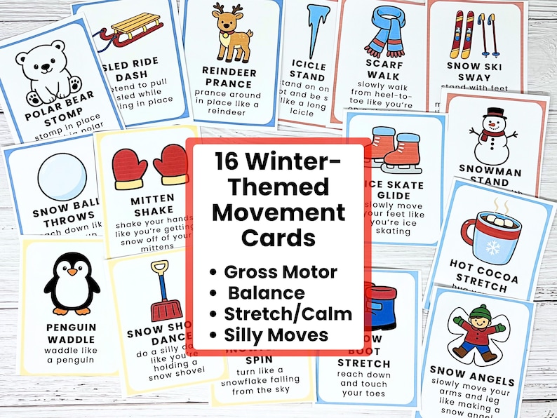 Puede incluir: Un conjunto de 16 tarjetas de movimiento con tem&aacute;tica invernal. Cada tarjeta presenta una actividad relacionada con el invierno, como "Polar Bear Stomp" y "Snow Angels", con ilustraciones correspondientes. Las tarjetas est&aacute;n dise&ntilde;adas para la motricidad gruesa, el equilibrio y movimientos divertidos.