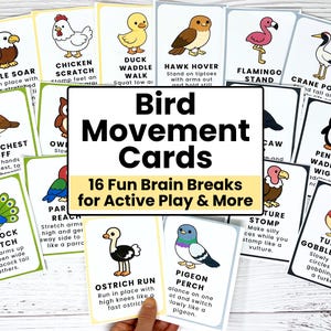 May include: A set of bird movement cards with illustrations and instructions. The cards feature various bird-themed exercises like "Eagle Soar" and "Turkey Gobble Dance". The central card reads "Bird Movement Cards" with "16 Fun Brain Breaks".