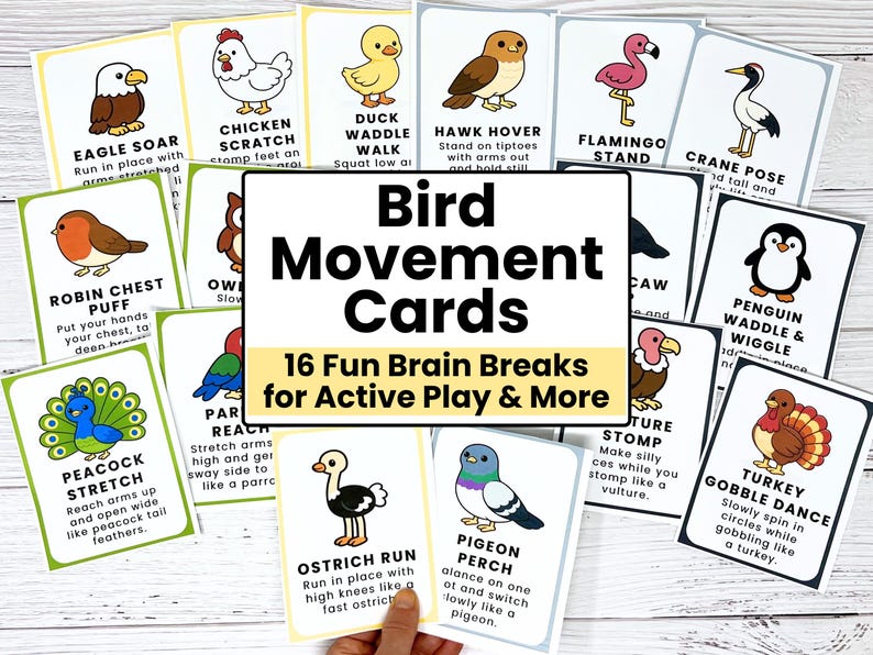 May include: A set of bird movement cards with illustrations and instructions. The cards feature various bird-themed exercises like "Eagle Soar" and "Turkey Gobble Dance". The central card reads "Bird Movement Cards" with "16 Fun Brain Breaks".