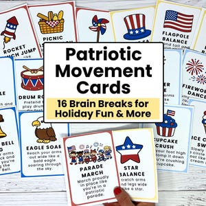 May include: A collection of patriotic movement cards with various illustrations and instructions for exercises. The cards feature images of a rocket, picnic basket, and American flag, with text such as "Rocket Jump" and "Flagpole Balance."
