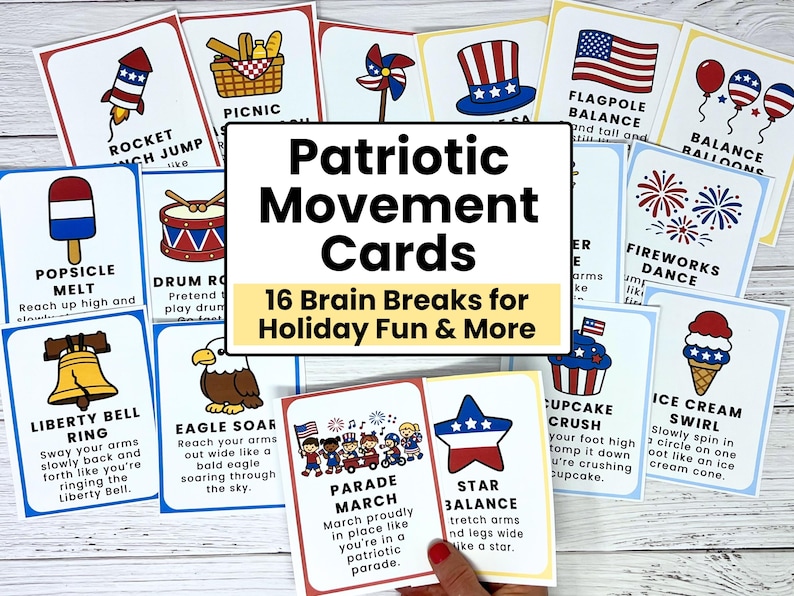 May include: A collection of patriotic movement cards with various illustrations and instructions for exercises. The cards feature images of a rocket, picnic basket, and American flag, with text such as "Rocket Jump" and "Flagpole Balance."