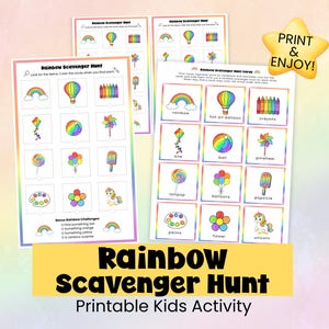 May include: Printable Rainbow Scavenger Hunt activity sheets for kids. The sheets feature colorful illustrations of a rainbow, hot air balloon, crayons, kite, ball, pinwheel, lollipop, balloons, popsicle, paints, flower, and a unicorn. The text says "Rainbow Scavenger Hunt Printable Kids Activity."