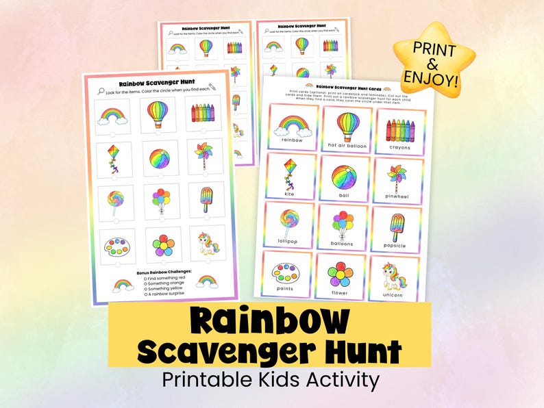 Rainbow Scavenger Hunt Printable for Kids | Rainbow Theme Game, Indoor ...