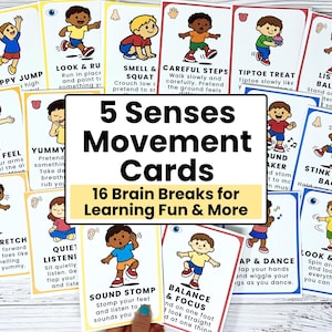 Puede incluir: Un conjunto de tarjetas educativas coloridas tituladas "5 Senses Movement Cards" con ilustraciones de ni&ntilde;os realizando diversas acciones. Las tarjetas incluyen instrucciones para actividades como "Happy Jump" y "Look & Spin". Dise&ntilde;ado para el aprendizaje y la diversi&oacute;n.