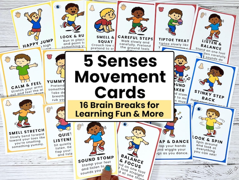 Puede incluir: Un conjunto de tarjetas educativas coloridas tituladas "5 Senses Movement Cards" con ilustraciones de ni&ntilde;os realizando diversas acciones. Las tarjetas incluyen instrucciones para actividades como "Happy Jump" y "Look & Spin". Dise&ntilde;ado para el aprendizaje y la diversi&oacute;n.