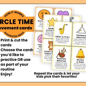Op de afbeelding: Een set kleurrijke "Circle Time" bewegingskaarten met suggesties. De kaarten bevatten illustraties en instructies voor verschillende activiteiten, waaronder "Silly", "Teddy Bear" en "Triangle Breaths". De tekst moedigt kinderen aan om hun favorieten te kiezen.