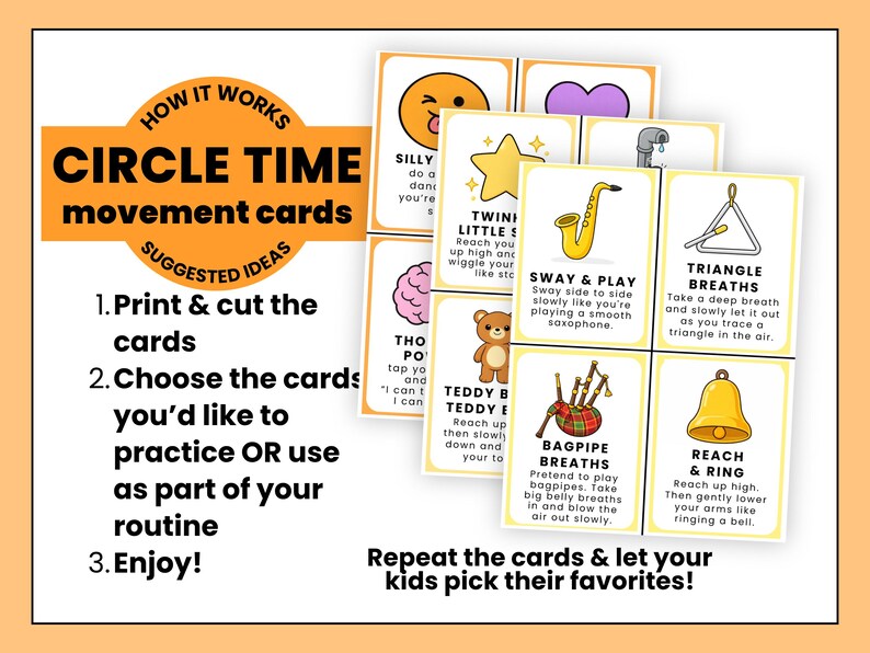 Op de afbeelding: Een set kleurrijke "Circle Time" bewegingskaarten met suggesties. De kaarten bevatten illustraties en instructies voor verschillende activiteiten, waaronder "Silly", "Teddy Bear" en "Triangle Breaths". De tekst moedigt kinderen aan om hun favorieten te kiezen.