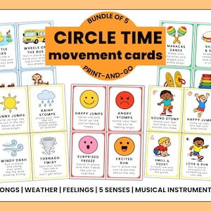 Op de afbeelding: Een set "Circle Time" bewegingskaarten met kleurrijke illustraties en tekstprompts. De kaarten zijn gecategoriseerd op liedjes, weer, gevoelens, 5 zintuigen en muziekinstrumenten. De kaarten bevatten verschillende activiteiten.