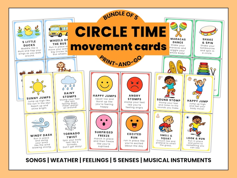 Op de afbeelding: Een set "Circle Time" bewegingskaarten met kleurrijke illustraties en tekstprompts. De kaarten zijn gecategoriseerd op liedjes, weer, gevoelens, 5 zintuigen en muziekinstrumenten. De kaarten bevatten verschillende activiteiten.