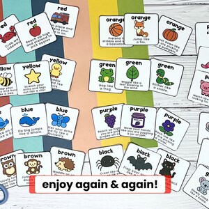 May include: A collection of colorful flashcards with illustrations and text, teaching colors and actions. Each card features a different color, a corresponding image, and an action prompt. The phrase "enjoy again & again!" is also visible.