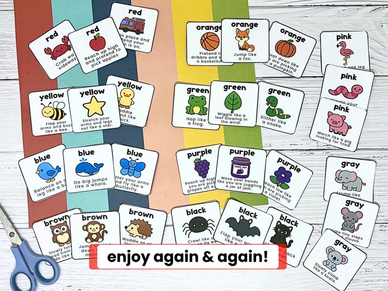 May include: A collection of colorful flashcards with illustrations and text, teaching colors and actions. Each card features a different color, a corresponding image, and an action prompt. The phrase "enjoy again & again!" is also visible.