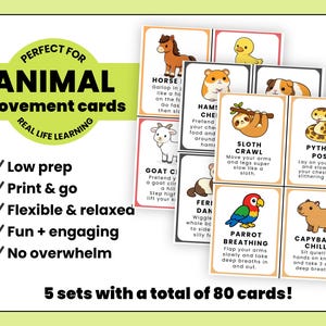 May include: Animal movement cards with illustrations of animals performing yoga poses. The cards include instructions for each pose, such as the "Sloth Crawl" and "Python Pose." The cards are designed for real-life learning and are low prep.