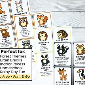 Pu&ograve; includere: Un set di carte illustrate con animali della foresta e azioni. Ogni carta mostra un animale dei cartoni animati, come una volpe, un coniglio o uno scoiattolo, con istruzioni come "Fox Dash" o "Rabbit Hops". Le carte sono progettate per temi forestali, pause cerebrali e ricreazione al chiuso.