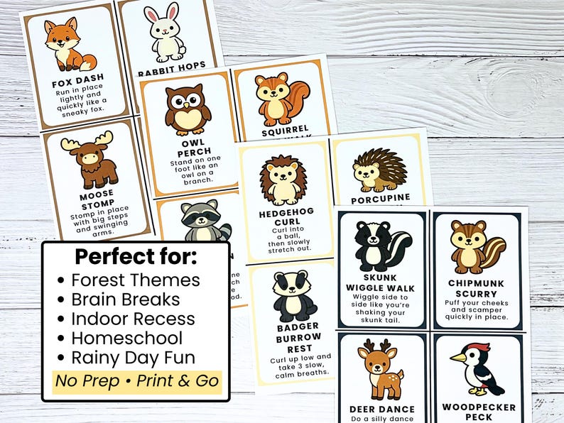 Pu&ograve; includere: Un set di carte illustrate con animali della foresta e azioni. Ogni carta mostra un animale dei cartoni animati, come una volpe, un coniglio o uno scoiattolo, con istruzioni come "Fox Dash" o "Rabbit Hops". Le carte sono progettate per temi forestali, pause cerebrali e ricreazione al chiuso.