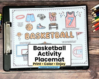 Basketball Activity Placemat Printable for Kids | Sports Themed Coloring & Games Page
