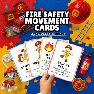 May include: A colorful educational set featuring "Fire Safety Movement Cards" with 16 active brain breaks. The image includes a toy fire truck, a firefighter's helmet, a ladder, and cards with instructions. A Dalmatian toy and a fire extinguisher are also visible.