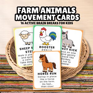 Puede incluir: Un conjunto de tarjetas de movimiento de animales de granja con 16 pausas activas para niños. Las tarjetas muestran ilustraciones coloridas de una oveja, un gallo, un burro y un caballo con texto instructivo para movimientos físicos.