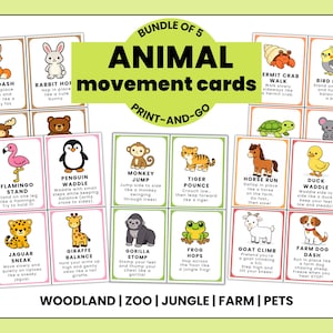 May include: A set of 15 animal movement cards with illustrations and instructions. The cards feature animals like a fox, rabbit, penguin, and monkey. The text "BUNDLE OF 5 ANIMAL movement cards PRINT-AND-GO" is at the top. Categories include Woodland, Zoo, Jungle, Farm, and Pets.