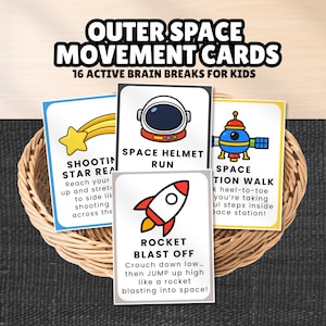 Puede incluir: Un conjunto de tarjetas de movimiento del espacio exterior con 16 pausas activas para niños. Las tarjetas muestran ilustraciones coloridas de una estrella fugaz, un casco espacial, una estación espacial y un cohete con instrucciones de texto.