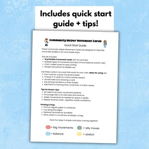 Op de afbeelding: Een wit papier met de tekst "Includes quick start guide + tips!" en "Community Helper Movement cards". De gids bevat 16 afdrukbare bewegingskaarten met aanwijzingen, gecodeerd op kleur voor eenvoudig sorteren.