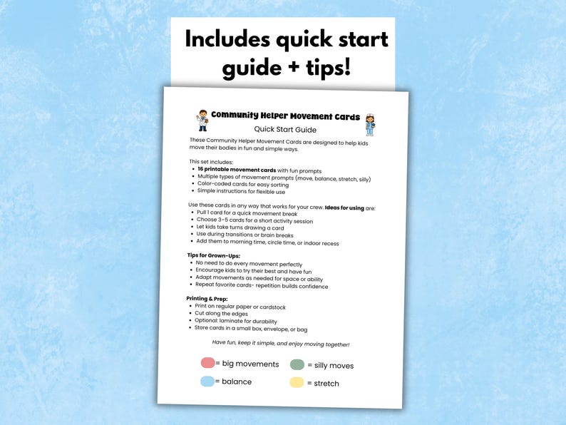 Op de afbeelding: Een wit papier met de tekst "Includes quick start guide + tips!" en "Community Helper Movement cards". De gids bevat 16 afdrukbare bewegingskaarten met aanwijzingen, gecodeerd op kleur voor eenvoudig sorteren.