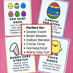 May include: Colorful Easter-themed activity cards on a pink polka-dot background. Each card features illustrations of eggs, bunnies, and chicks, with instructions for games like "Egg Hunt Dash" and "Chick Dance". The cards are designed for Easter events, brain breaks, and indoor recess.