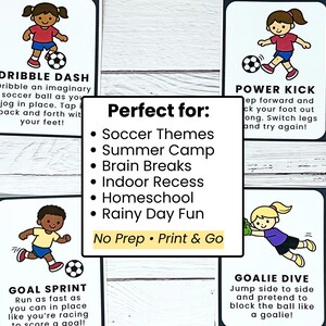 K&ouml;nnte beinhalten: Vier illustrierte Fu&szlig;ball-Aktivit&auml;tskarten mit Cartoon-Kindern, die &Uuml;bungen demonstrieren. Der Text enth&auml;lt "Dribble Dash", "Power Kick", "Goal Sprint" und "Goalie Dive". Eine zentrale Karte listet "Soccer Themes", "Summer Camp" und "Rainy Day Fun" auf.