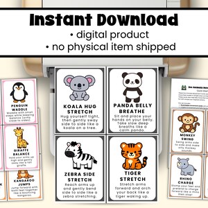 Op de afbeelding: Een set afdrukbare Zoo Animals Movement Cards met illustraties en instructies voor verschillende oefeningen. De kaarten bevatten dieren zoals een flamingo, pingu&iuml;n, koala, panda, jaguar, giraffe, zebra en tijger. De tekst "Instant Download" staat bovenaan.