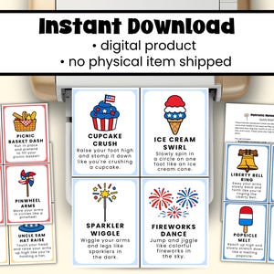 May include: A collection of printable patriotic movement cards with illustrations and instructions for kids. The cards feature images of a rocket, cupcake, ice cream cone, fireworks, and more. The text "Instant Download" is at the top.