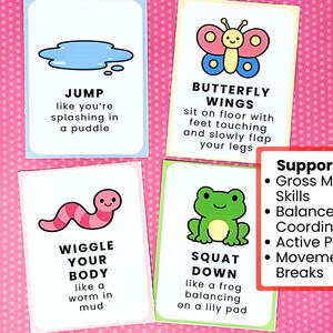 May include: Four colorful activity cards with illustrations and instructions for children's movement exercises. The cards include a puddle, butterfly, worm, and frog, with text such as "Jump" and "Wiggle Your Body." A red-bordered card lists "Gross Motor Skills" and other benefits.