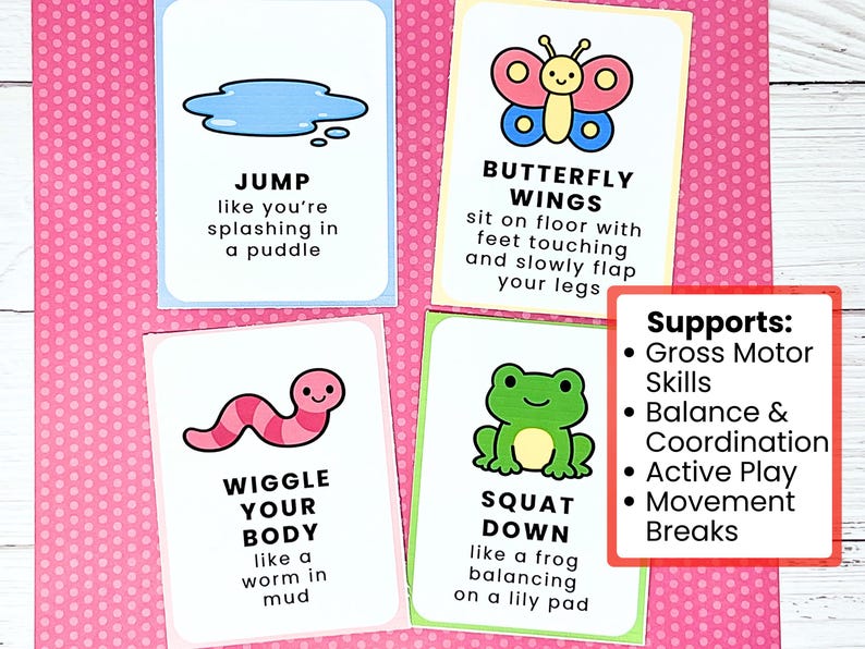 May include: Four colorful activity cards with illustrations and instructions for children's movement exercises. The cards include a puddle, butterfly, worm, and frog, with text such as "Jump" and "Wiggle Your Body." A red-bordered card lists "Gross Motor Skills" and other benefits.