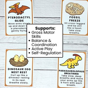 May include: Four dinosaur-themed cards with illustrations and instructions for activities. The cards feature a pterodactyl, fossil, dinosaur egg, and parasaurolophus. Text on the cards includes "Pterodactyl Glide" and "Fossil Freeze".