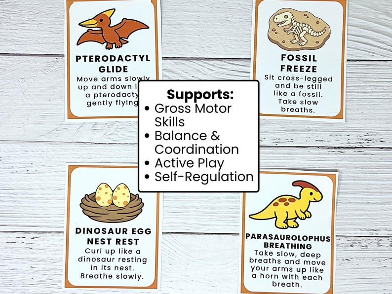 May include: Four dinosaur-themed cards with illustrations and instructions for activities. The cards feature a pterodactyl, fossil, dinosaur egg, and parasaurolophus. Text on the cards includes "Pterodactyl Glide" and "Fossil Freeze".