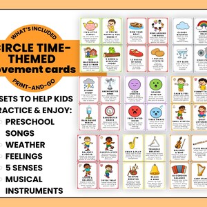 Op de afbeelding: Een set kleurrijke bewegingskaarten met cirkeltijdthema voor kleuters. De kaarten bevatten illustraties en tekst voor liedjes, weer, gevoelens, zintuigen en muziekinstrumenten. De tekst bevat "Circle Time-Themed movement cards" en "Print-and-go".