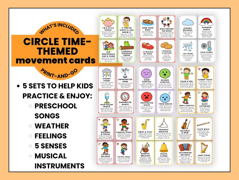Op de afbeelding: Een set kleurrijke bewegingskaarten met cirkeltijdthema voor kleuters. De kaarten bevatten illustraties en tekst voor liedjes, weer, gevoelens, zintuigen en muziekinstrumenten. De tekst bevat "Circle Time-Themed movement cards" en "Print-and-go".