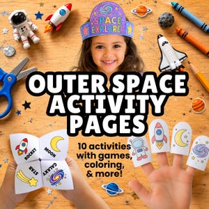 Outer Space Activity Pages | Kids Printable Activities Pack | Coloring, Games, Craft, Crown, Finger Puppets, Tracing, Mazes, Scissor Skills