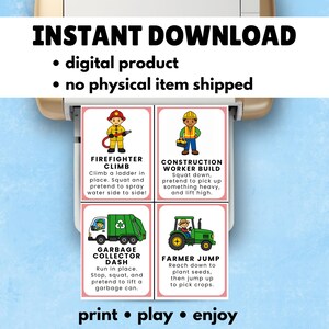 Op de afbeelding: Vier printbare kaarten met illustraties van een brandweerman, bouwvakker, vuilnisman en boer. Elke kaart heeft instructies voor een fysieke activiteit. De woorden "INSTANT DOWNLOAD" en "digital product" zijn ook zichtbaar.