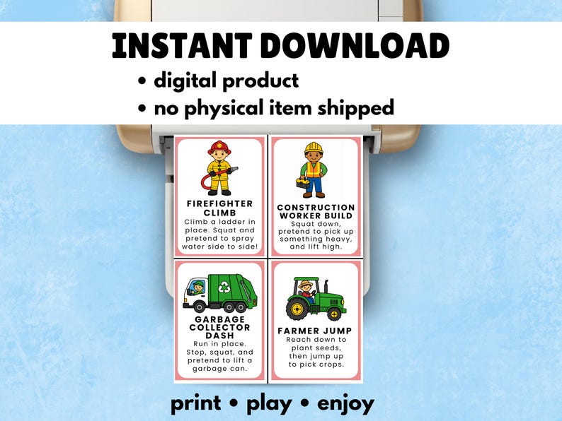 Op de afbeelding: Vier printbare kaarten met illustraties van een brandweerman, bouwvakker, vuilnisman en boer. Elke kaart heeft instructies voor een fysieke activiteit. De woorden "INSTANT DOWNLOAD" en "digital product" zijn ook zichtbaar.