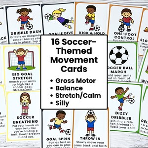 K&ouml;nnte beinhalten: Ein Set von 16 Fu&szlig;ball-Bewegungskarten. Jede Karte zeigt eine Cartoon-Illustration von Kindern, die Fu&szlig;ballaktionen ausf&uuml;hren, wie Dribbeln, Treten und Dehnen. Die Karten sind f&uuml;r grobmotorische F&auml;higkeiten, Gleichgewicht und lustige Aktivit&auml;ten konzipiert.