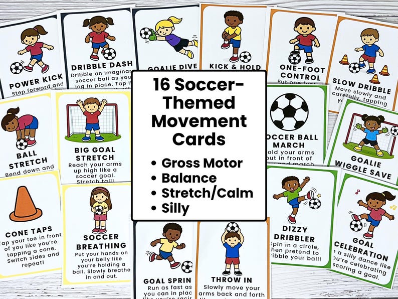 K&ouml;nnte beinhalten: Ein Set von 16 Fu&szlig;ball-Bewegungskarten. Jede Karte zeigt eine Cartoon-Illustration von Kindern, die Fu&szlig;ballaktionen ausf&uuml;hren, wie Dribbeln, Treten und Dehnen. Die Karten sind f&uuml;r grobmotorische F&auml;higkeiten, Gleichgewicht und lustige Aktivit&auml;ten konzipiert.